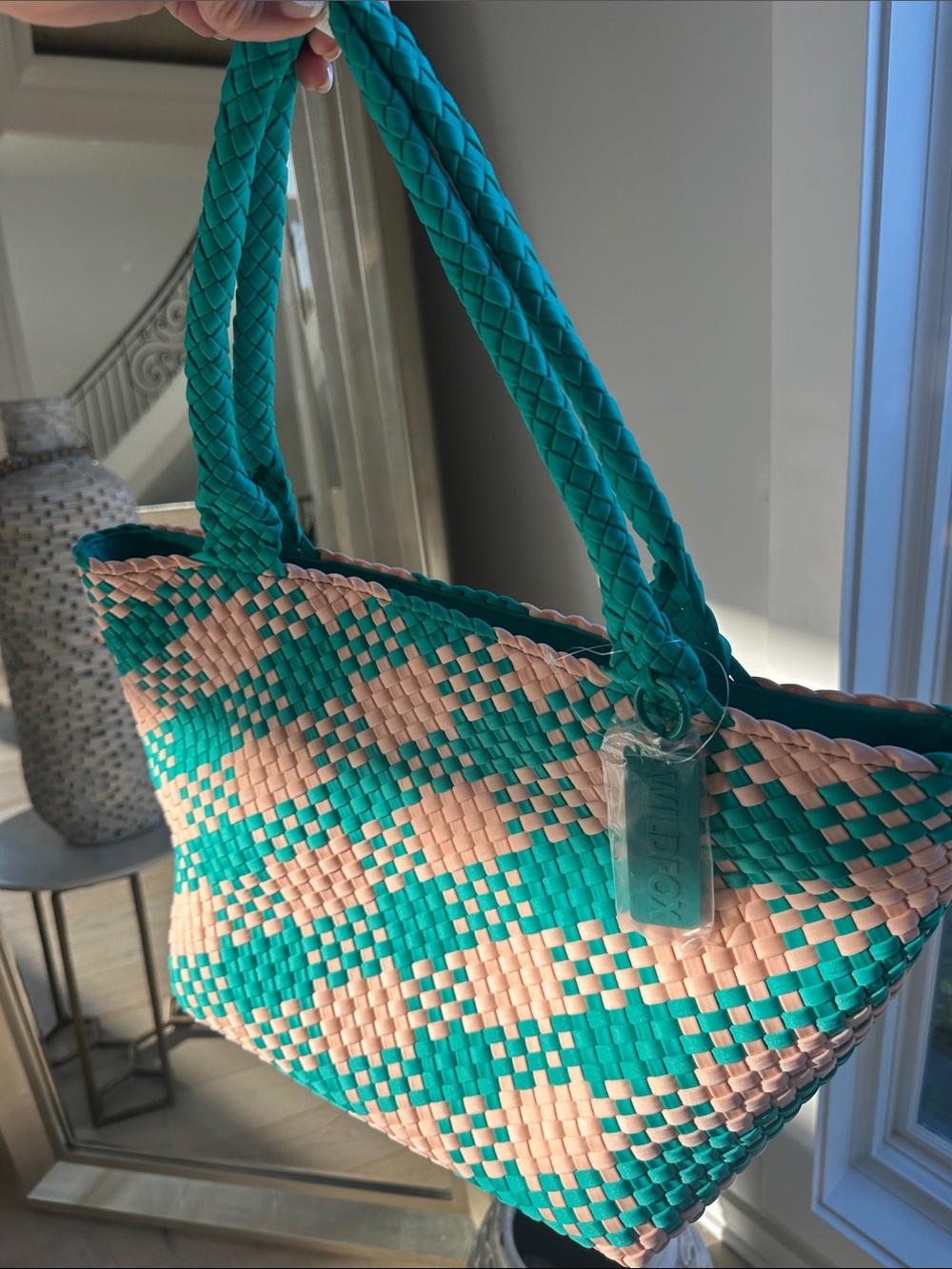 Wildfox Teal and Peach Woven Tote - Picture 3 of 7